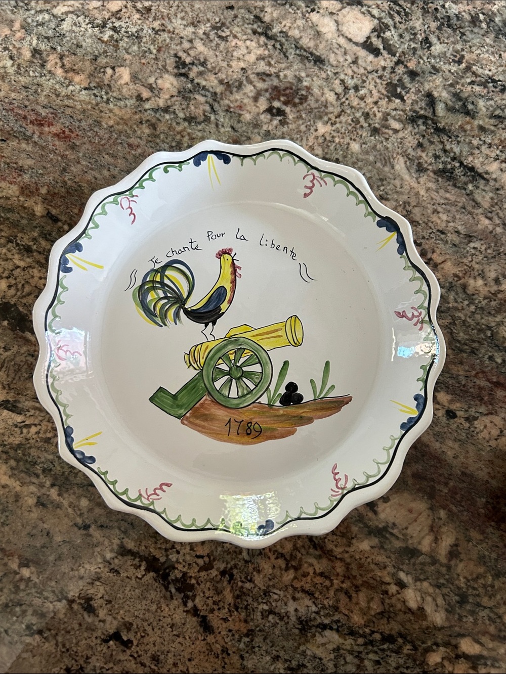 Hand-Painted Rooster & Cannon Decorative Plate - White, Yellow, Green, Blue
